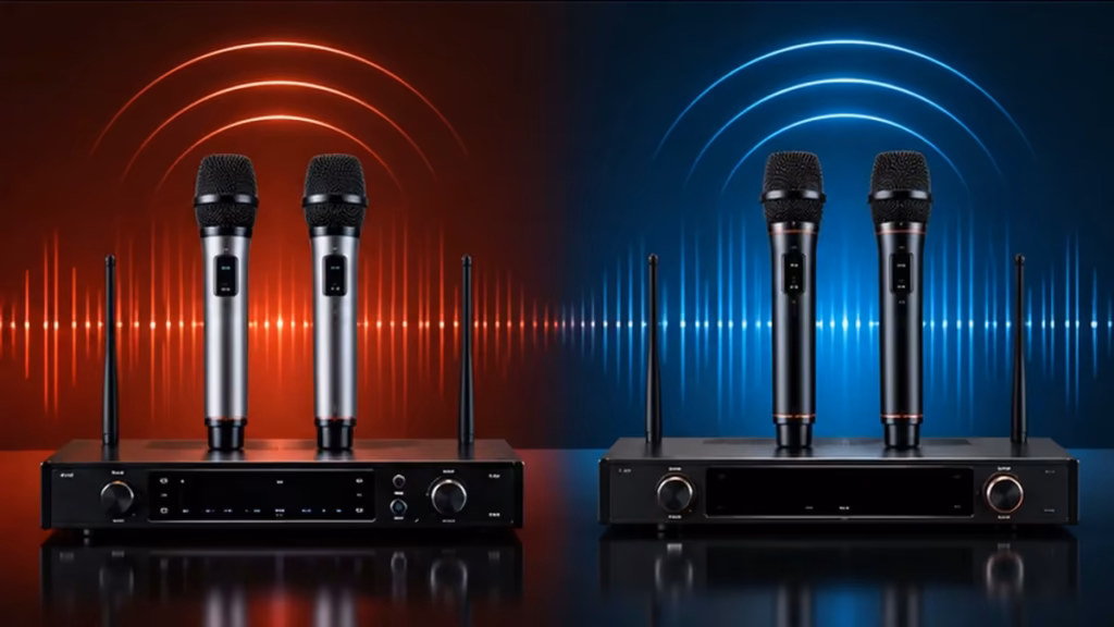 Minh họa hai hệ thống micro không dây để so sánh UHF và VHF