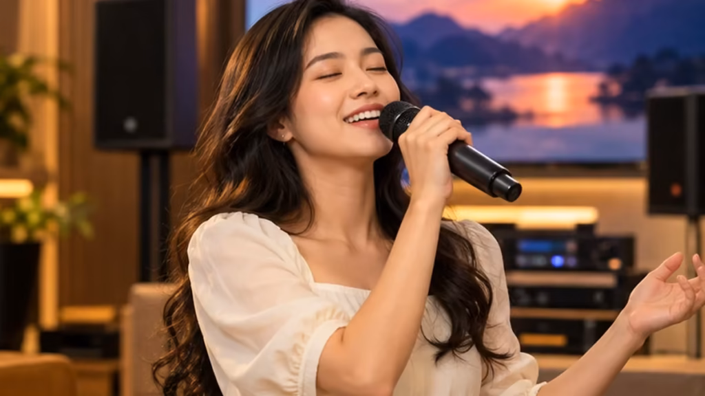 Người phụ nữ hát karaoke thoải mái với micro không dây